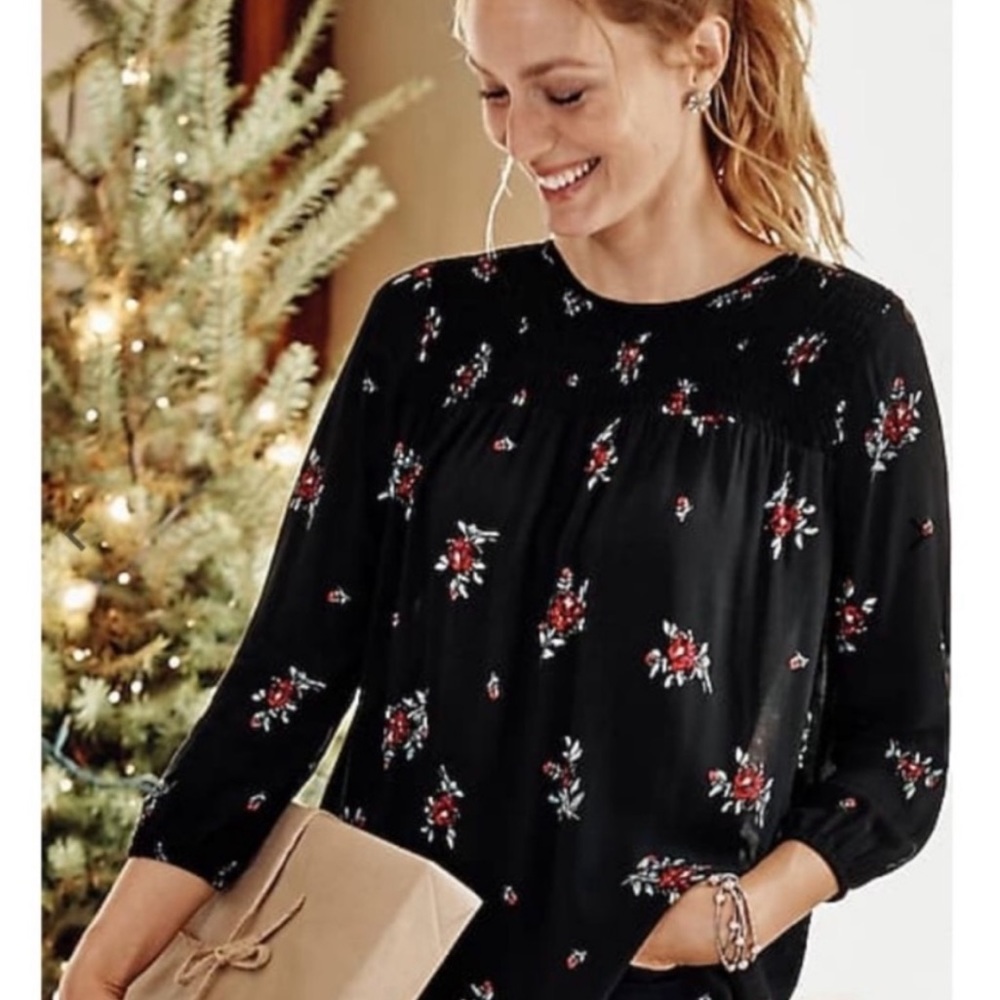 J. Jill Floral Smocked Neck 3/4 Sleeve Top Size Small